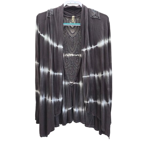 Lucie Lu Crochet Detail Open Front Waterfall Jersey Knit Cardigan Tie Dye Brown - Picture 1 of 12